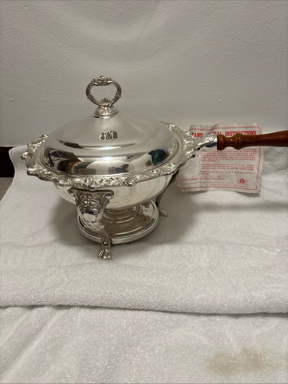 Silver Plate Sheridan Ornate Chafing Dish with Lid and Wood Handle